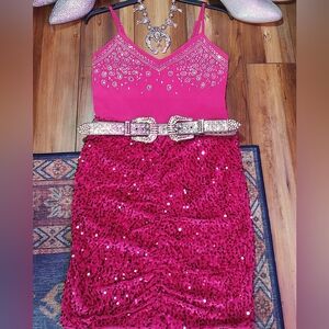 SALE- Women's hot pink rhinestone sequence cocktail dress